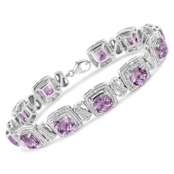 .925 Sterling Silver 7x7 mm Cushion Cut Purple Amethyst and 1/10 cttw Round Cut Diamond Square Shape Tennis Bracelet (I-J Color, I1-I2 Clarity) - 7" - Image 2