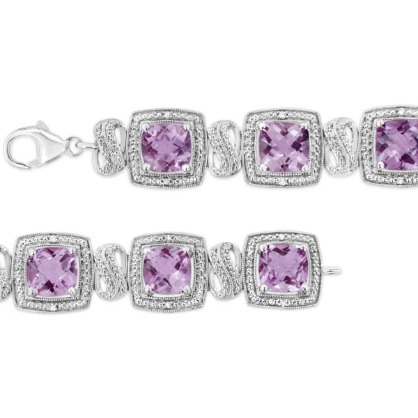 .925 Sterling Silver 7x7 mm Cushion Cut Purple Amethyst and 1/10 cttw Round Cut Diamond Square Shape Tennis Bracelet (I-J Color, I1-I2 Clarity) - 7" - Image 3