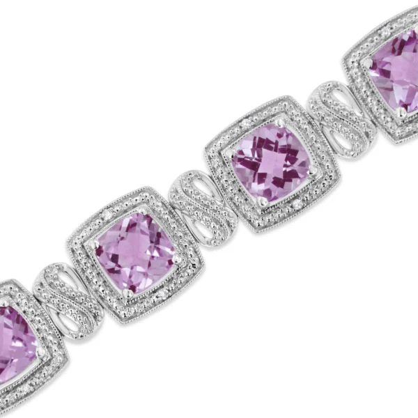.925 Sterling Silver 7x7 mm Cushion Cut Purple Amethyst and 1/10 cttw Round Cut Diamond Square Shape Tennis Bracelet (I-J Color, I1-I2 Clarity) - 7" - Image 4
