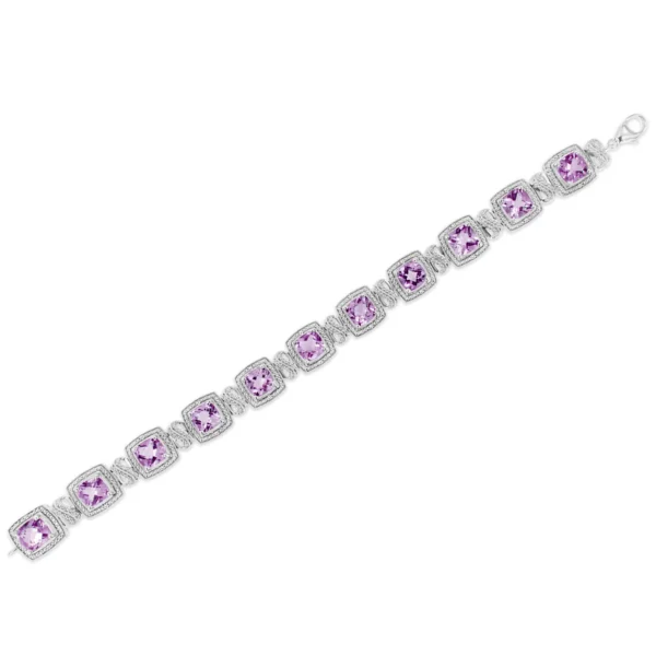 .925 Sterling Silver 7x7 mm Cushion Cut Purple Amethyst and 1/10 cttw Round Cut Diamond Square Shape Tennis Bracelet (I-J Color, I1-I2 Clarity) - 7" - Image 5
