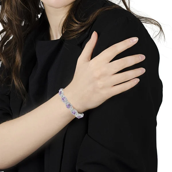 .925 Sterling Silver 7x7 mm Cushion Cut Purple Amethyst and 1/10 cttw Round Cut Diamond Square Shape Tennis Bracelet (I-J Color, I1-I2 Clarity) - 7" - Image 6