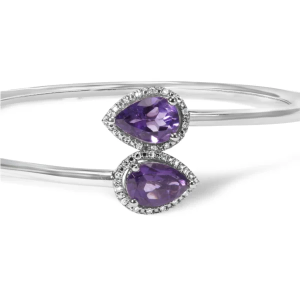 .925 Sterling Silver 8 x 5.5mm Pear Shape Amethyst  and Diamond Accent Halo Bypass Bangle Bracelet (H-I Color, SI1-SI2 Clarity)  - Fits up to 7" Inches - Image 2