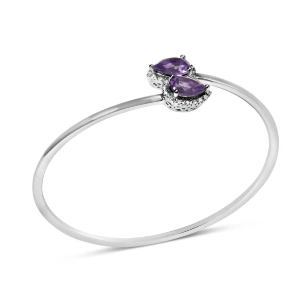 .925 Sterling Silver 8 x 5.5mm Pear Shape Amethyst  and Diamond Accent Halo Bypass Bangle Bracelet (H-I Color, SI1-SI2 Clarity)  - Fits up to 7" Inches - Image 3