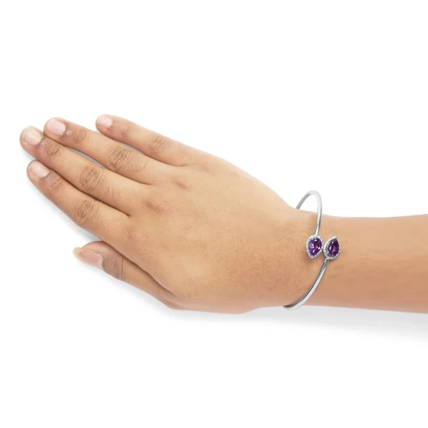 .925 Sterling Silver 8 x 5.5mm Pear Shape Amethyst  and Diamond Accent Halo Bypass Bangle Bracelet (H-I Color, SI1-SI2 Clarity)  - Fits up to 7" Inches - Image 5
