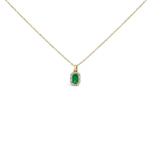 10K Yellow Gold 5x3mm Green Emerald and Diamond Accent Halo Octagonal Shape 18" Pendant Necklace (I-J Color, I1-I2 Clarity)
