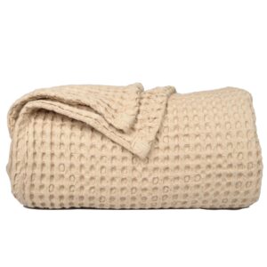 The Fine Living Co. 100% Cotton Waffle Weave Throw Blanket   Lightweight Soft and Breathable Throw Blanket for All Season  Skin Friendly Blanket for Couch Bed Sofa  50”x70” inches Sand