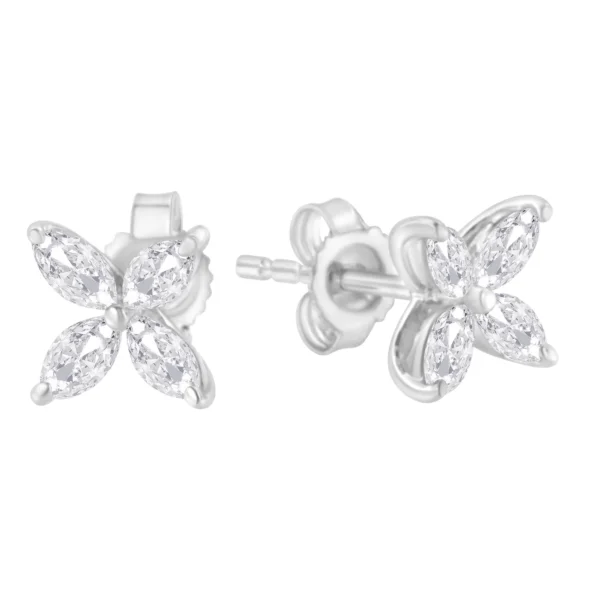 14K White Gold 3/4 Cttw Marquise Diamond 8 Stone Floral Leaf Stud Earrings (H-I Color, SI1-SI2 Clarity) - Image 2