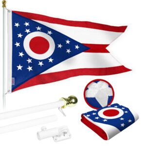 G128 Combo Pack: 5 Ft Tangle Free Aluminum Spinning Flagpole (White) & Ohio OH State Flag 2.5x4 Ft, StormFlyer Series Embroidered 220GSM Spun Polyester | Pole with Flag Included