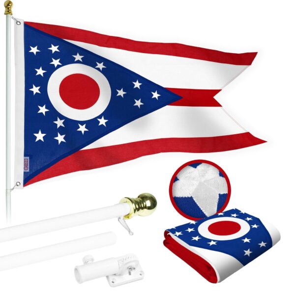 G128 Combo Pack: 5 Ft Tangle Free Aluminum Spinning Flagpole (White) & Ohio OH State Flag 2.5x4 Ft, StormFlyer Series Embroidered 220GSM Spun Polyester | Pole with Flag Included