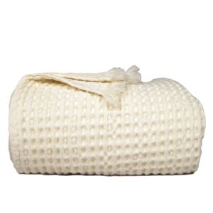 The Fine Living Co. 100% Cotton Waffle Weave Throw Blanket   Lightweight Soft and Breathable Throw Blanket for All Season  Skin Friendly Blanket for Couch Bed Sofa  50”x60” inches Ivory