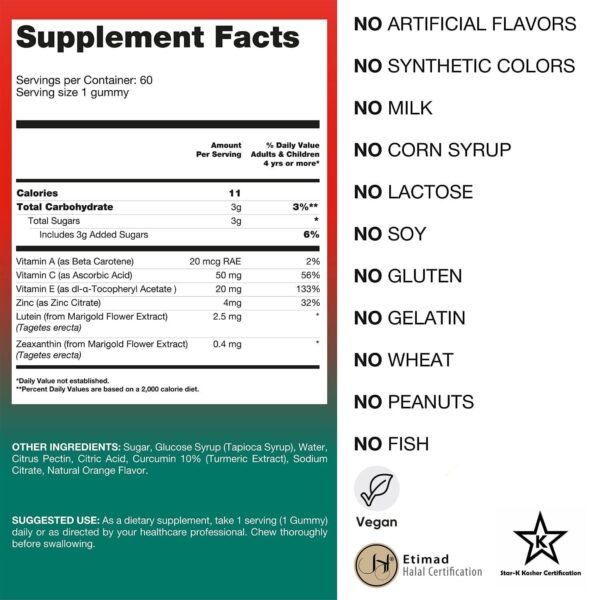 Zeaxanthin and Lutein Eye Care Vitamins for Adults and Kids | Gummy Vitamin for Eye Health | Supplements for Eyes | Vegan | Non GMO | Gluten Free Kosher Halal Gummies - Image 2