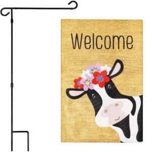G128 Combo Pack: Garden Flag Stand Black 36 in x 16 in & Garden Flag Spring Decoration Welcome Cow with Flowers 12"x18" Double-Sided Burlap Fabric