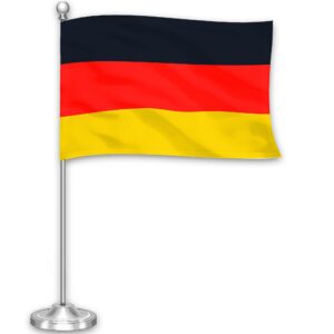 G128 Germany German Deluxe Desk Flag Set | 8.5x5.5 In | Printed 300D Polyester, with Silver Dome and Base, 15" Metal Pole, Decorations For Office, Home and Festival Events Celebration