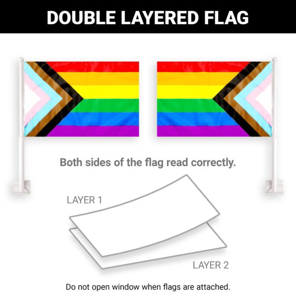 G128 2 Pack: LGBT Progress Rainbow Pride Car Flag | 11x17 In | Double LiteWeave Pro Series Double Sided Printed 150D Polyester | Flagpole Included | Perfect for Festival Celebrations, Parades - Image 2