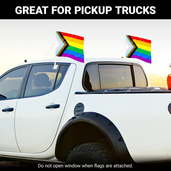 G128 2 Pack: LGBT Progress Rainbow Pride Car Flag | 11x17 In | Double LiteWeave Pro Series Double Sided Printed 150D Polyester | Flagpole Included | Perfect for Festival Celebrations, Parades - Image 5