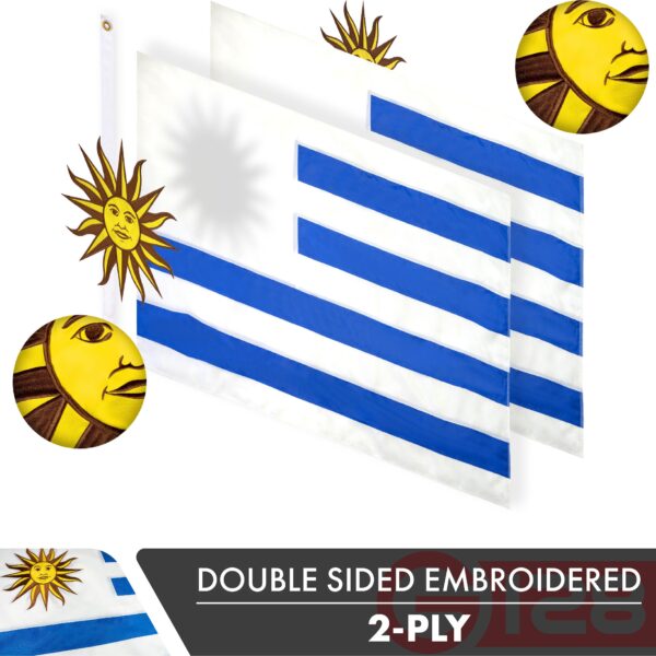 G128 Uruguay (Uruguayan) Flag | 3x5 feet | Double Sided Embroidered 210D Indoor/Outdoor, Brass Grommets, Heavy Duty Polyester - Image 2