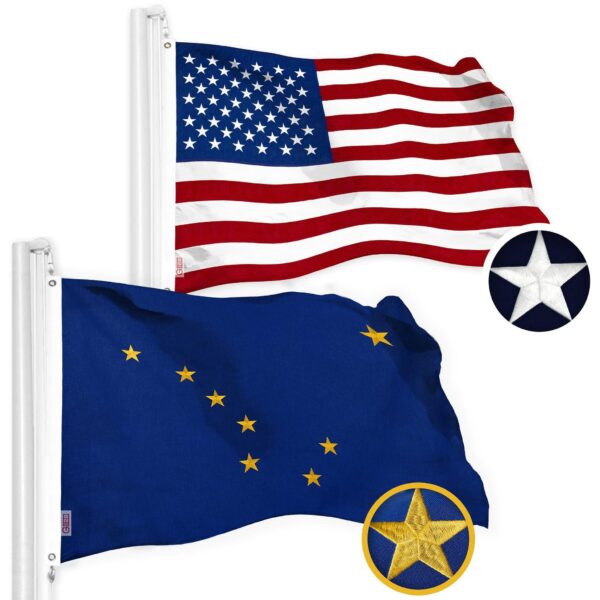 G128 Combo Pack: American USA Flag 2.5x4 Ft & Alaska Flag 2.5x4 Ft, Both Embroidered SPUN Polyester, Indoor/Outdoor, Brass Grommets
