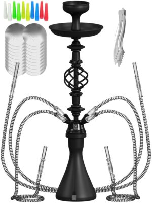 Hookah Set With Everything 4 Hose   Black Hookah 4 Hose Set – Black Hookah Set   Hookah Set 4 Hose with 50x Foil Big Silicone Bowl 10x Tips 4x Mouthpiece 4x Hookah Hose Tongs   Hookah Kit