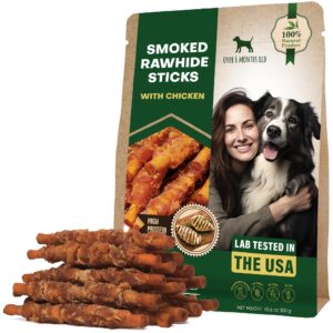 Dog Smoked Rawhide Sticks Wrapped Chicken & Pet Natural Chew Treats   Grain Free Organic Meat & Healthy Human Grade Dried Snacks in Bulk   Best Twists for Training Small & Large Dogs   Made for USA