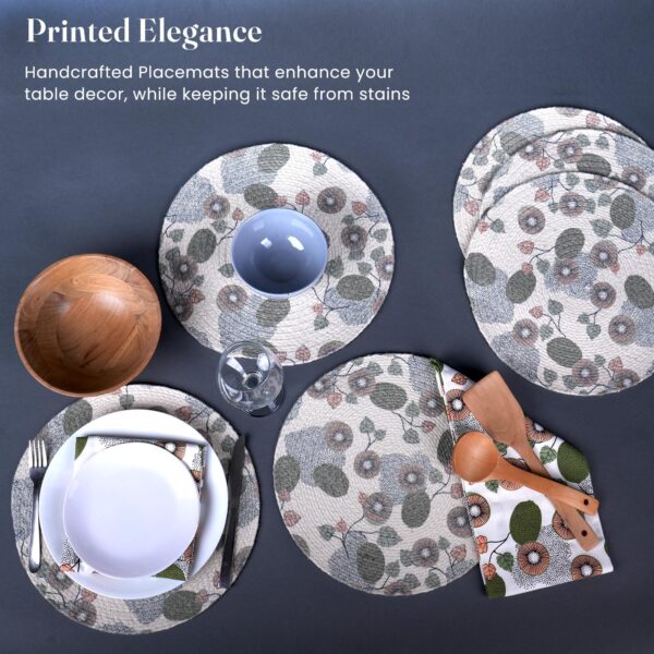 The Fine Living Co. Kiwi Printed Braided Cotton Placemats (Set of 6 13.5 Inches) Washable Anti Slip Heat Resistant Mats Boho Woven Round Table Mats for House Decor Kitchen and Dining - Image 3