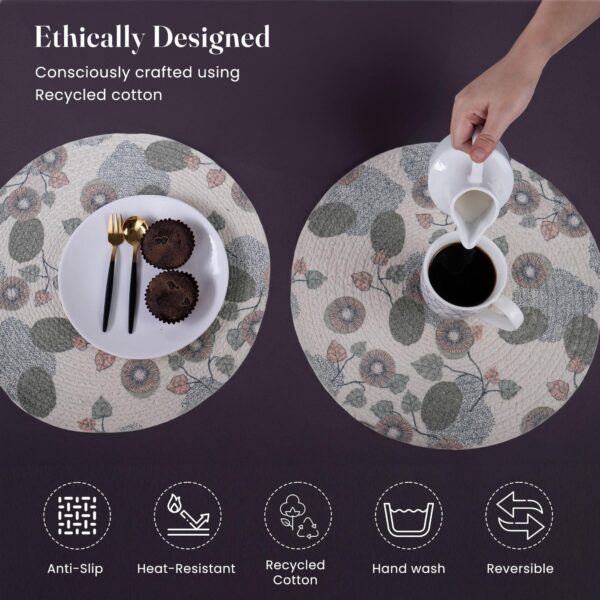 The Fine Living Co. Kiwi Printed Braided Cotton Placemats (Set of 6 13.5 Inches) Washable Anti Slip Heat Resistant Mats Boho Woven Round Table Mats for House Decor Kitchen and Dining - Image 4