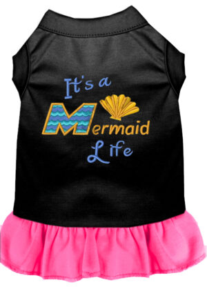Mermaid Life Embroidered Dog Dress Black With Bright Pink Med