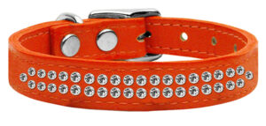 Two Row Clear Jeweled Leather Dog Collar Orange 18