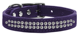 Two Row Clear Jeweled Leather Dog Collar Purple 16