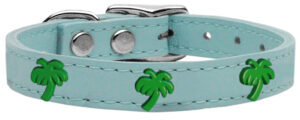 Green Palm Tree Widget Genuine Leather Dog Collar Baby Blue 22