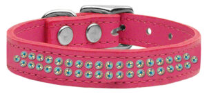 Two Row Ab Jeweled Leather Dog Collar Pink 18