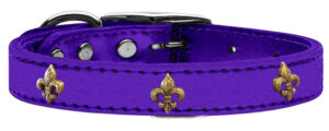 Bronze Fleur De Lis Widget Genuine Metallic Leather Dog Collar Purple 12
