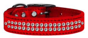 Two Row Clear Crystal Metallic Leather Dog Collar Red 16