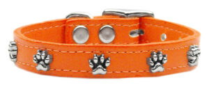 Paw Leather Dog Collar Orange 18