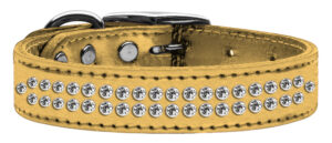 Two Row Clear Crystal Metallic Leather Dog Collar Gold 16