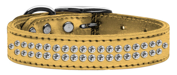 Two Row Clear Crystal Metallic Leather Dog Collar Gold 16