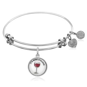 Expandable White Tone Brass Bangle with Enamel Its Wine OClock Symbol