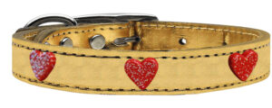 Red Glitter Heart Widget Genuine Metallic Leather Dog Collar Gold 24
