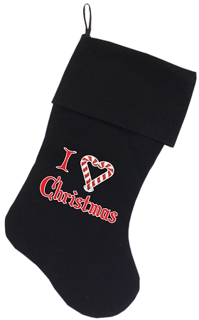 I Heart Christmas Screen Print 18 Inch Velvet Christmas Stocking Black
