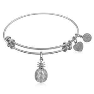 Expandable White Tone Brass Bangle with Pineapple Symbol with Cubic Zirconia