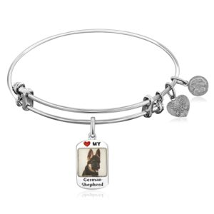 Expandable White Tone Brass Bangle with German Shepherd Dog Charm