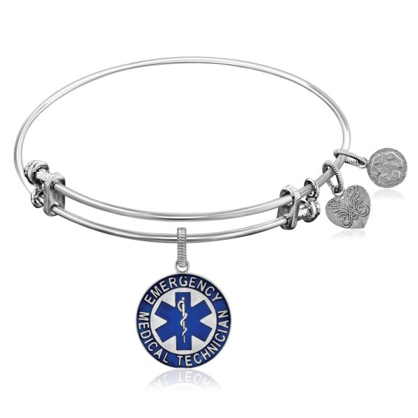 Expandable White Tone Brass Bangle with Blue Enamel EMT Symbol