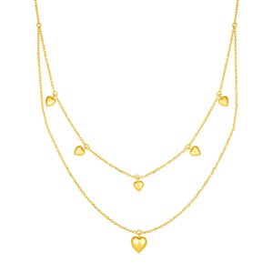 14k Yellow Gold Two Strand Necklace with Puffed Heart Drops