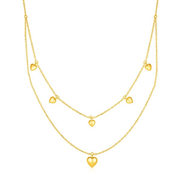 14k Yellow Gold Two Strand Necklace with Puffed Heart Drops