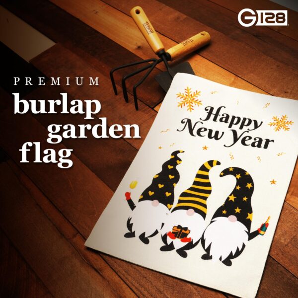 G128 Garden Flag Happy New Year Three Celebrating Gnomes 12"x18" Burlap Fabric - Image 2