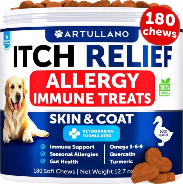 Dog Allergy Relief Chews   Itching Skin Relief for Dogs   Fish Oil   Omega 3   Seasonal Allergies Pills   Skin & Coat Anti ItchHot Spots Treatment   Canine Immune Health Supplement   180 Soft Treats