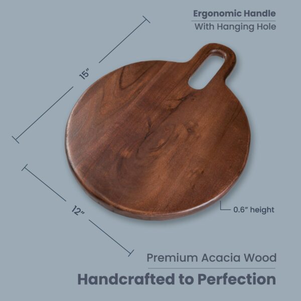 The Fine Living Co. Walnut Round Serveware Board with Handle Charcuterie Boards Acacia Wood 0.6  Thick Board Bread Board for Serving Meat Cheese Pizza Peel Food grade 15  × 12 - Image 2