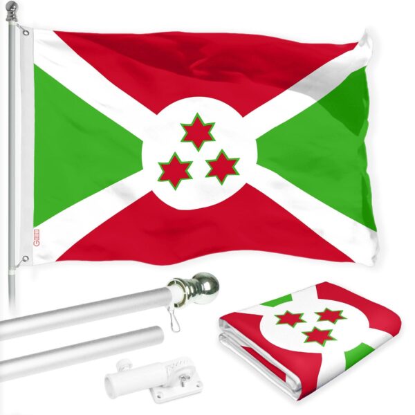 G128 Combo Pack: 6 Ft Tangle Free Aluminum Spinning Flagpole (Silver) & Burundi Umurundi Flag 3x5 Ft, LiteWeave Pro Series Printed 150D Polyester | Pole with Flag Included