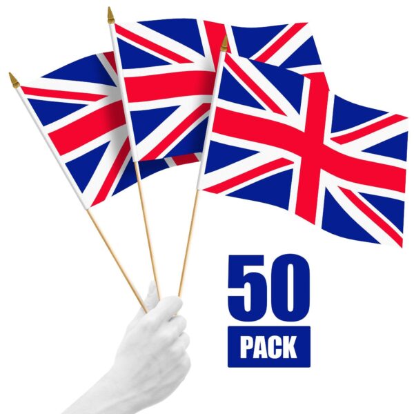 G128 50 Pack Handheld United Kingdom UK Stick Flags | 12x18 In | Printed 150D Polyester, Country Flag, Solid Wooden Stick, Spear Gold Tip