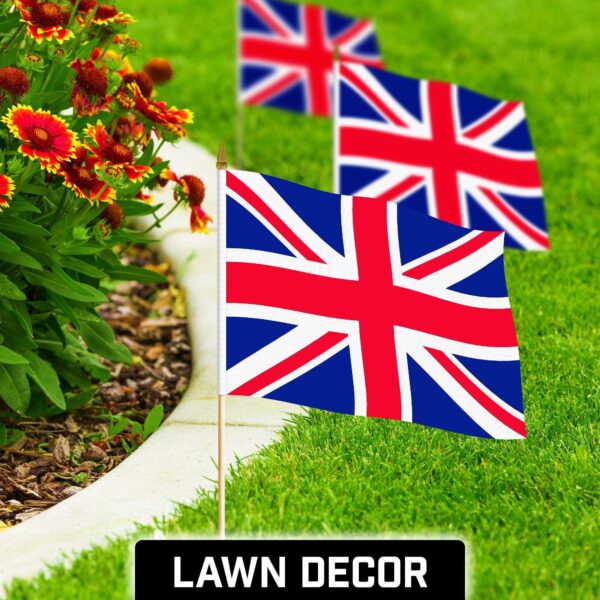 G128 50 Pack Handheld United Kingdom UK Stick Flags | 12x18 In | Printed 150D Polyester, Country Flag, Solid Wooden Stick, Spear Gold Tip - Image 3