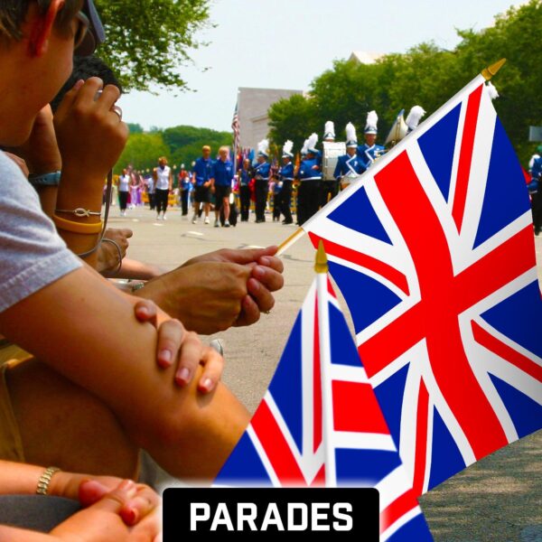 G128 50 Pack Handheld United Kingdom UK Stick Flags | 12x18 In | Printed 150D Polyester, Country Flag, Solid Wooden Stick, Spear Gold Tip - Image 5